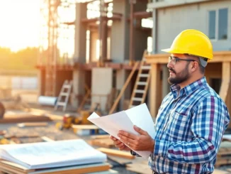 Experienced contractor inspecting construction progress on a busy site with blueprints and safety gear, demonstrating professionalism and expertise.