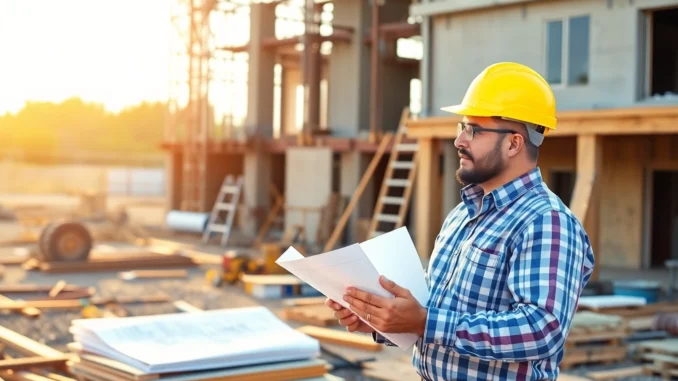 7tmo Experienced contractor inspecting construction progress on a busy site with blueprints and safety gear, demonstrating professionalism and expertise.