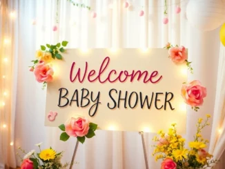 Colorful baby shower welcome sign with floral details, greeting guests warmly at the celebration entrance, perfect for joyful festivities.