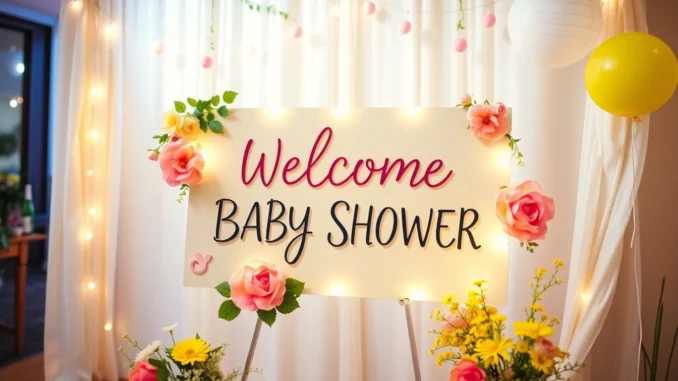 82tk Colorful baby shower welcome sign with floral details, greeting guests warmly at the celebration entrance, perfect for joyful festivities.