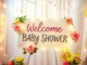 Colorful baby shower welcome sign with floral details, greeting guests warmly at the celebration entrance, perfect for joyful festivities.