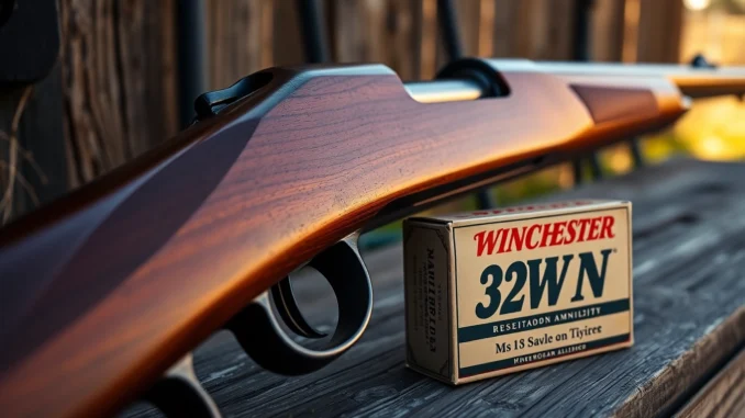 addg Detailed scene of a classic Winchester rifle and 32WIN ammo, highlighting heritage and precision for firearm enthusiasts.