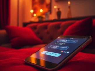 Cozy room with a digital device displaying flirtatious AI chat messages.