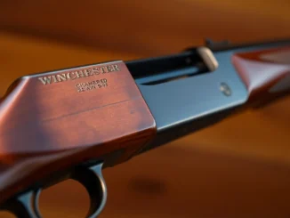 A detailed shot of a 32WIN Winchester rifle in a natural outdoor setting, highlighting the cartridge and lever-action mechanism for firearm enthusiasts and hunters.