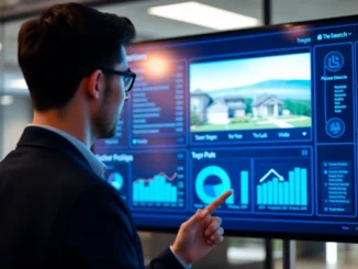 Professional using a real estate CRM platform to manage listings and client communications efficiently, highlighting advanced property data and seamless workflow features, in a vibrant, high-tech digital environment, accessible and user-friendly.