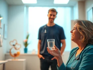 Professional helping patient through treatment for alcoholism in a supportive setting, focusing on healing and hope