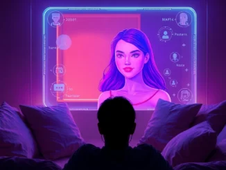 An immersive scene of a human interacting with a lifelike AI character on a holographic interface in a cozy, futuristic room.