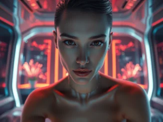 Realistic AI character interacting in a futuristic, mood-lit room with holographic visuals.