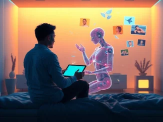 Futuristic scene of a person interacting with a luminous AI virtual partner in a modern, softly lit room