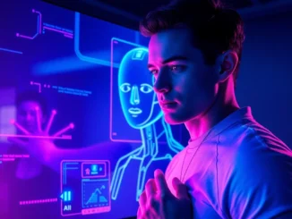 Futuristic AI interface with holographic avatar in a dimly lit room, emphasizing intimacy and advanced technology