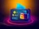 Advanced crypto wallet with secure blockchain interface and digital assets, emphasizing