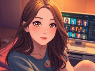 Realistic AI girlfriend sitting in a cozy room with modern tech and warm lighting.
