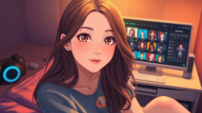 AI_GirlfriendNSFW_AI-85e5 Realistic AI girlfriend sitting in a cozy room with modern tech and warm lighting.