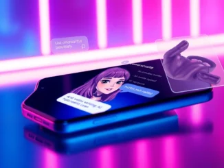 Futuristic smartphone displaying an AI sexting app with vibrant holographic visuals and expressive AI character