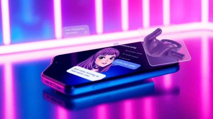 AI_SextingAI_Sex_Chat-wbt3 Futuristic smartphone displaying an AI sexting app with vibrant holographic visuals and expressive AI character