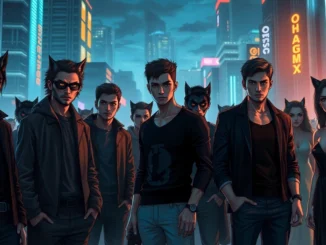 A futuristic cityscape illustrating the social hierarchy of the Omegaverse with humans showing wolf-like traits in a cyberpunk setting