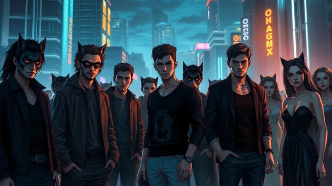 A futuristic cityscape illustrating the social hierarchy of the Omegaverse with humans showing wolf-like traits in a cyberpunk setting