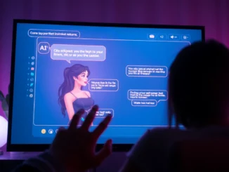 Close-up of a digital chat interface with animated AI characters in a neon-lit room, creating an intimate, futuristic vibe.