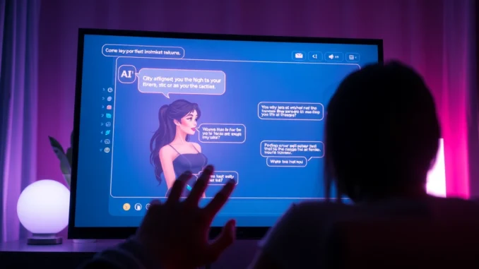 Close-up of a digital chat interface with animated AI characters in a neon-lit room, creating an intimate, futuristic vibe.