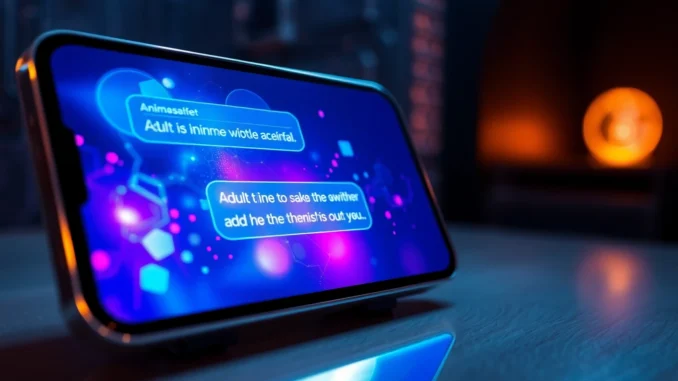 Futuristic AI chatbot interface with neon holographic chat window on a sleek device screen.