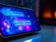 Futuristic AI chatbot interface with neon holographic chat window on a sleek device screen.