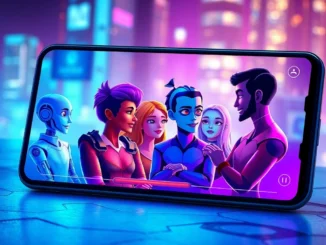 Futuristic AI chatbot interface with diverse characters engaging in virtual conversation on a sleek device screen.