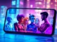 Futuristic AI chatbot interface with diverse characters engaging in virtual conversation on a sleek device screen.