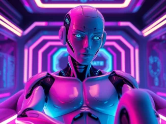 Futuristic AI character with cybernetic enhancements in a neon-lit high-tech environment, showcasing advanced technology and allure.