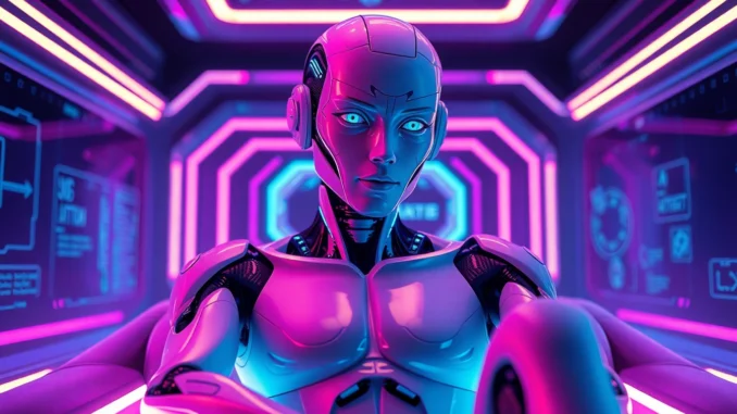ai_slutfuta_ai-tprn Futuristic AI character with cybernetic enhancements in a neon-lit high-tech environment, showcasing advanced technology and allure.