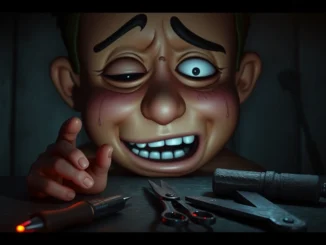 A distressed Harvey character with tools of violence in a dark, gritty setting, highlighting suffering and moral tension.