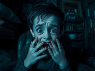 A distressing scene of Harvey sitting in a dark room with shop tools nearby, conveying psychological horror and moral conflict.