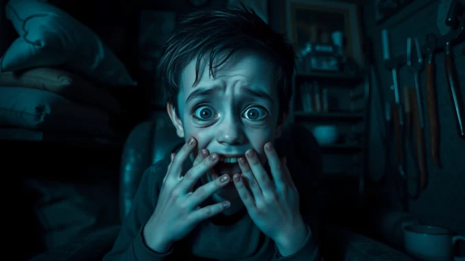A distressing scene of Harvey sitting in a dark room with shop tools nearby, conveying psychological horror and moral conflict.