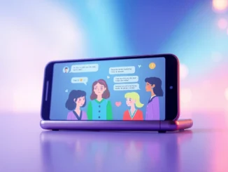 Futuristic smartphone screen showing animated AI characters chatting in a colorful, modern setting.