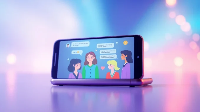 Futuristic smartphone screen showing animated AI characters chatting in a colorful, modern setting.