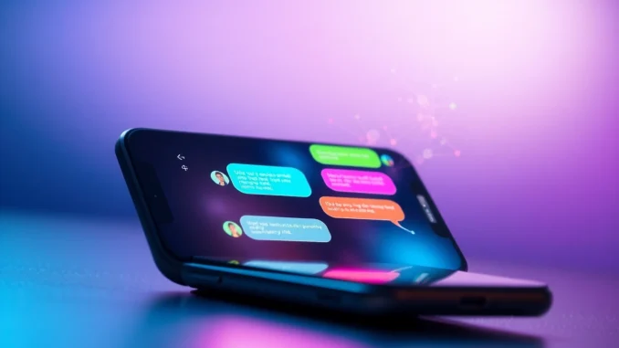chat_18free_ai_sexting-rc6e Futuristic smartphone displaying an engaging AI chat conversation with colorful speech bubbles and digital effects.