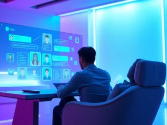 An individual engaging with a futuristic AI chat interface on a transparent screen in a high-tech room.