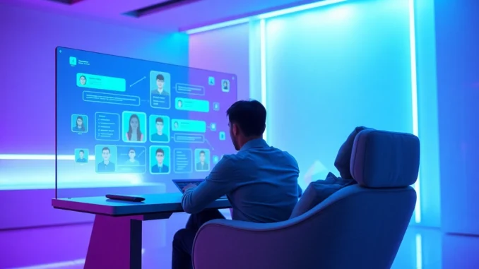 An individual engaging with a futuristic AI chat interface on a transparent screen in a high-tech room.