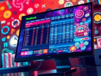 An illustration of an online sportsbook and casino platform with glowing odds and game icons on a computer screen, surrounded by sports equipment and casino symbols in a vibrant, high-tech style.