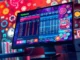 An illustration of an online sportsbook and casino platform with glowing odds and game icons on a computer screen, surrounded by sports equipment and casino symbols in a vibrant, high-tech style.