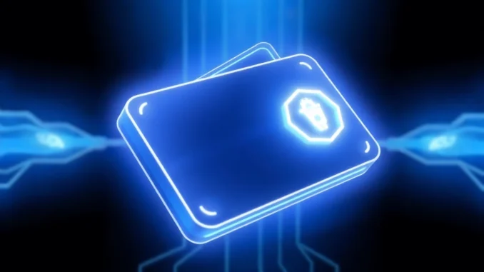 f9tb A person securely managing their crypto wallet on a smartphone with blockchain graphics in the