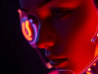 An engaging scene of a high-tech device interacting with a user, highlighting a nsfw ai chatbot in a modern digital environment with suggestive neon glow.
