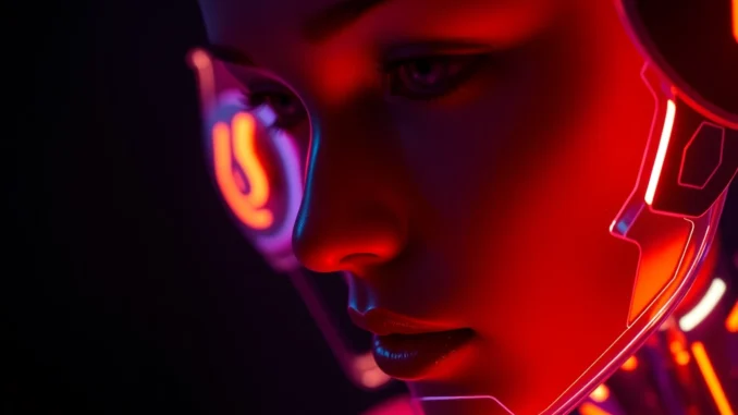 An engaging scene of a high-tech device interacting with a user, highlighting a nsfw ai chatbot in a modern digital environment with suggestive neon glow.