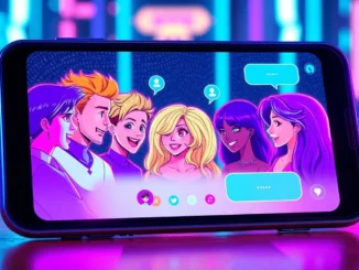 Futuristic digital chat interface with animated AI characters in a cyber-themed environment.