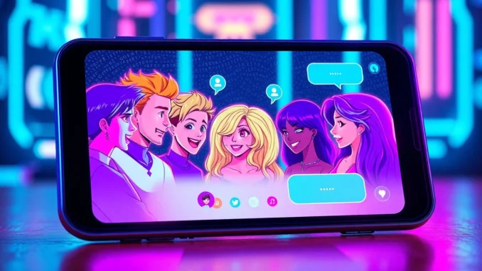 Futuristic digital chat interface with animated AI characters in a cyber-themed environment.