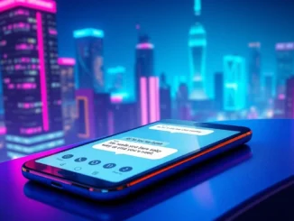 Futuristic digital chat interface on a sleek device with neon city background, representing spicy AI chat experience.