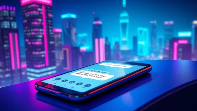 spicy_chatsex_ai_chat-zwma Futuristic digital chat interface on a sleek device with neon city background, representing spicy AI chat experience.