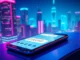 Futuristic digital chat interface on a sleek device with neon city background, representing spicy AI chat experience.