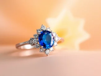Close-up of a stunning engagement ring with sapphire, showcasing vibrant blue gemstone and shimmering diamonds, highlighting craftsmanship and elegance for proposals.