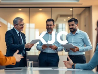 KJC legal firm team collaborating in a sleek office, showcasing professionalism and expertise for authoritative branding.