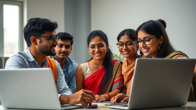 All India Govt Jobs aspirants preparing with laptops and study material in a modern, vibrant